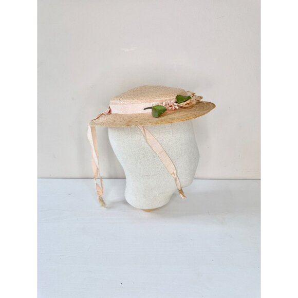Vintage Pale Peach Pink Staw Faux Floral Grosgrain Ribbon Boater Hat - Picture 4 of 14